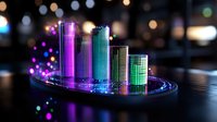Glowing neon bar graph visualization with purple and green gradient columns on dark background with bokeh lights, modern data analytics representation.