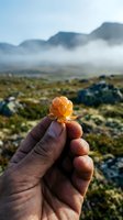 Hand holding golden cloudberry fruit in remote wilderness landscape with misty mountains and sparse vegetation in background.