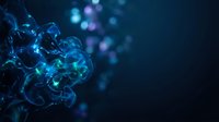Glowing blue digital particles and flowing energy waves create an abstract tech background with bokeh effects, suitable for science, innovation, and technology presentations.