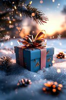 Festive blue gift box with copper ribbon under pine branch, surrounded by snowflakes and bokeh lights in warm sunset glow. Winter holiday composition on snowy surface.