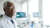 Senior African American male doctor in white coat and glasses standing confidently in modern hospital laboratory with medical equipment background.