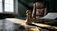 Wooden chess pawn stands on office desk with contract papers and leather chair in background, symbolizing strategic business planning and decision making.