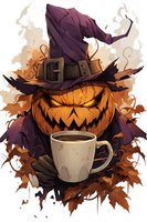 Spooky carved pumpkin wearing witch hat with coffee cup surrounded by autumn maple leaves on white background, seasonal Halloween art for merchandise.