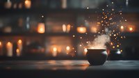 Magical glowing cauldron with rising sparks and steam against blurred candlelit background creates mystical atmosphere for fantasy and Halloween designs.