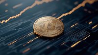 Golden cryptocurrency coin on circuit board with glowing lines, dramatic lighting creates futuristic mood for finance and technology concepts.