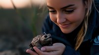 Young woman with light skin tone and blonde hair holding a small hedgehog in her hands outdoors during golden hour, expressing care and connection with wildlife.