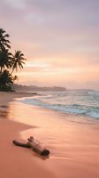Serene tropical beach at sunrise with golden light reflecting on wet sand, palm trees, gentle waves, and driftwood. Perfect for travel, wellness, and vacation marketing.