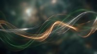 Flowing abstract waves in green and gold colors creating dynamic energy patterns with soft bokeh background for modern digital art and design projects.