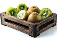 Fresh ripe kiwi fruits, whole and halved, arranged in rustic wooden crate on white background, isolated. Clean food photography for healthy eating concept.
