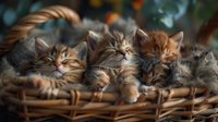 Adorable sleepy kittens cuddled together in wicker basket, soft focus portrait of peaceful sleeping cats with fluffy fur in warm natural lighting.