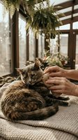 Elderly hands gently caring for a tabby cat lying on a blanket in a sunlit room with lush green plants in the background.