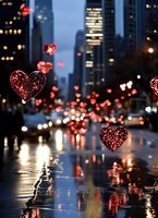 Glowing red hearts floating over wet city street at night with bokeh lights and skyscrapers creating romantic urban atmosphere for Valentine's Day celebrations.