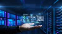 Business hand presenting holographic digital interface with network icons in modern data center server room with blue lighting for technology presentations.