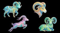 Colorful ornamental rams and goats set, isolated on transparent background, ready for stickers, sublimation, t-shirt design, clipart, and print on demand use.