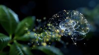 Glowing digital brain network with connecting dots and lines floating over natural green background, representing artificial intelligence and neural connections.