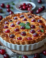 Fresh cherry tart with golden brown crust in white ceramic baking dish, topped with whole cherries and mint leaves, dusted with powdered sugar, rustic setting.