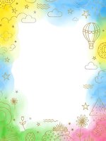 Colorful watercolor frame with hand drawn doodles, clouds, stars, hot air balloon and nature elements. Copy space for text, invitations, greeting cards.