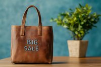 Brown leather shopping bag with big sale text on wooden table near potted plant against blue wall background for retail marketing campaigns.