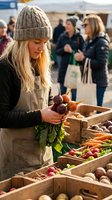 Young blonde woman in knit hat selecting fresh vegetables at outdoor farmers market with wooden crates full of organic produce and shoppers in background.