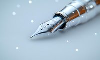 Elegant fountain pen nib in silver chrome finish with intricate engraving detail captured in macro photography against soft bokeh background with scattered light dots.