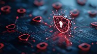 Glowing red shield with keyhole icon on digital circuit board representing cybersecurity and data protection in technology environment.