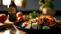 Golden olive oil drizzling onto fresh Mediterranean salad with tomatoes, cucumbers, red onions and herbs in dark plate, moody restaurant lighting.