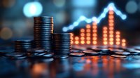 Stacks of coins against glowing financial chart background showing upward trend, illustrating growth and investment success in blue and orange tones.