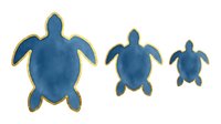 Three blue sea turtles with gold trim in decreasing sizes, isolated on white background, ready for design, clipart, and educational materials.