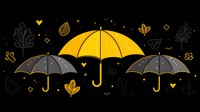 Yellow and gray umbrellas with autumn leaves pattern on black background, decorative seasonal design with geometric elements and nature motifs for fall themed projects.