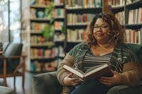 Curvy African American woman with glasses and curly ombre hair reading book while relaxing in comfortable armchair at library or bookstore. Warm lighting creates cozy atmosphere.