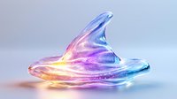 Luminescent glass dolphin fin sculpture with iridescent rainbow colors glowing from within, floating on reflective surface against soft gray background.