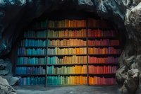 Colorful rainbow bookshelf arranged by spectrum colors inside stone cave, creating magical underground library atmosphere for fantasy or education concepts.