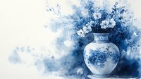 Elegant porcelain vase with blue and white floral pattern surrounded by delicate blooms and misty watercolor effects creates serene oriental atmosphere.