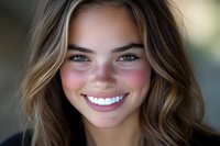 Young Caucasian woman with bright white smile, natural makeup, rosy cheeks, and wavy brown hair looking directly at camera with genuine expression and blue eyes.