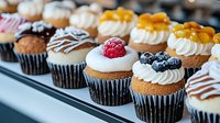 Assorted gourmet cupcakes with fresh berries, whipped cream frosting, chocolate drizzle, and fruit toppings arranged in rows on display, perfect for bakery or dessert menu.