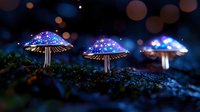 Glowing fantasy mushrooms with luminescent caps in enchanted forest setting with magical bokeh lights creating mystical atmosphere for fairy tale designs.