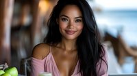 Young Asian woman with long dark hair smiling warmly while holding fresh green apple, wearing pink off-shoulder top against blurred restaurant background.