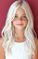 Young female with platinum blonde wavy hair and bright blue eyes wearing white top smiles warmly against burgundy background, soft lighting creates gentle portrait mood.