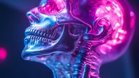 Glowing neon skull in profile view with vibrant pink and blue colors against dark background, anatomically detailed with visible spine and jaw structure.