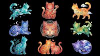 Ornate decorative cats collection with floral and celestial patterns, isolated on transparent background. Great for stickers, t-shirt design, print on demand, and clipart.