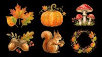Autumn clipart set with fall leaves, pumpkin, mushrooms, acorns, squirrel, and wreath, isolated on transparent background, ready for stickers, T-shirts, and print on demand.