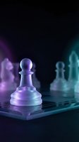 Glowing translucent chess pawn piece on board with dramatic purple and teal lighting effects against dark background for strategic business concepts.