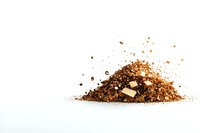 Ground coffee beans and chunks scattered in pile with coffee dust particles on white background, isolated macro shot for coffee shop advertising.
