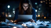Young woman working late on laptop surrounded by papers and string lights with bokeh background. Perfect for deadline, student life, or remote work concepts.