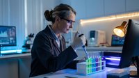 Female scientist in lab coat analyzing glowing test tubes with pipette in modern laboratory with computer monitors and LED lighting for research work.