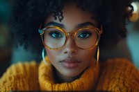 Young African American woman with natural curly hair wearing stylish transparent glasses and yellow sweater against teal background, close up portrait.