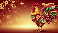 Ornate rooster with vibrant plumage stands against golden bokeh background with floating flowers. Decorative folk art style bird for festive designs.