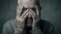Elderly man covering face with hands showing despair and emotional distress against dark moody background for mental health awareness campaigns.