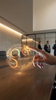 Hand touching glowing holographic display showing carbon footprint and resource allocation data in modern office environment with business professionals in background.