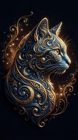 Ornate cat silhouette with golden swirls and celestial elements on dark background for luxury design projects and mystical artwork applications.